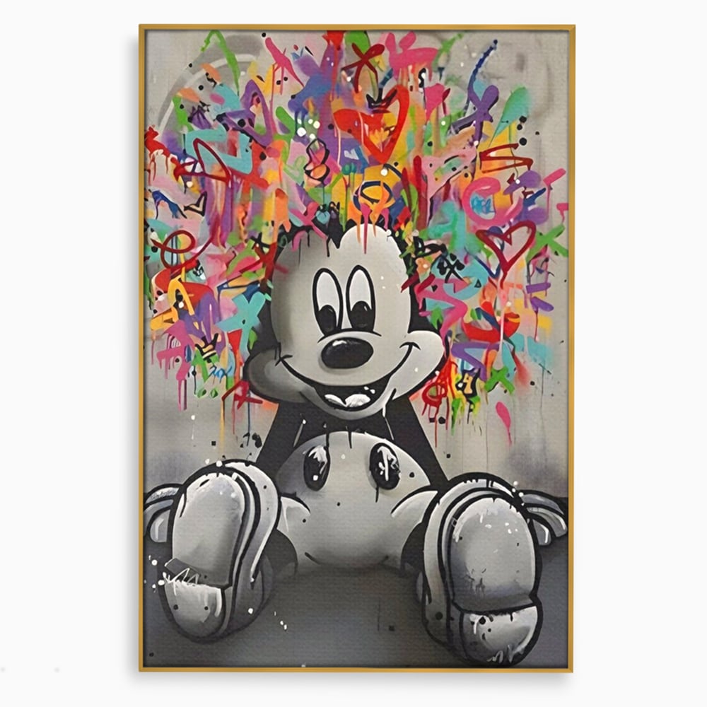 Tablou canvas cu tablou canvas cu mickey mouse colorat, in rama de aluminiu auriu